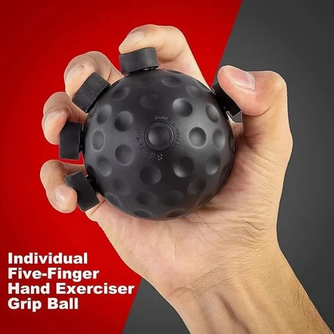 Hand holding a black five-finger hand exerciser grip ball with a red and black background.