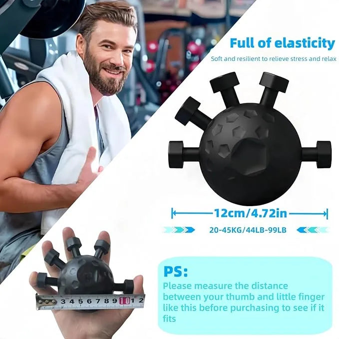 Hand exerciser with measurements and text on a blurred gym background