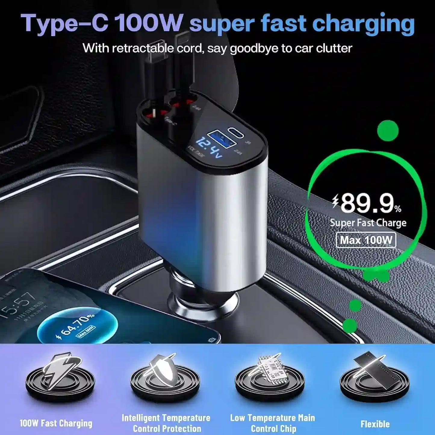 Car charger with digital display and retractable cord feature, placed in a car cup holder.