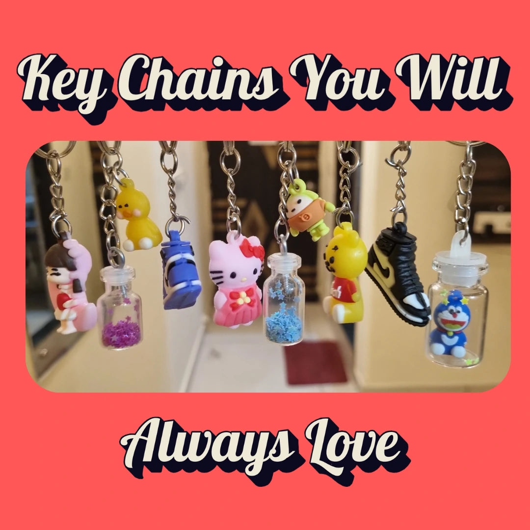 Collection of keychains on a red background with text 'Key Chains You Will Always Love'.