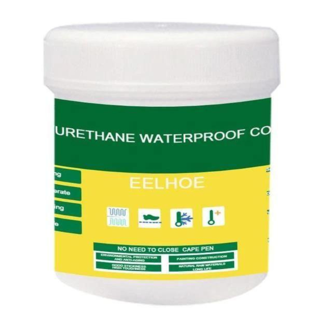 Jar of urethane waterproof coating with green and yellow label on a white background