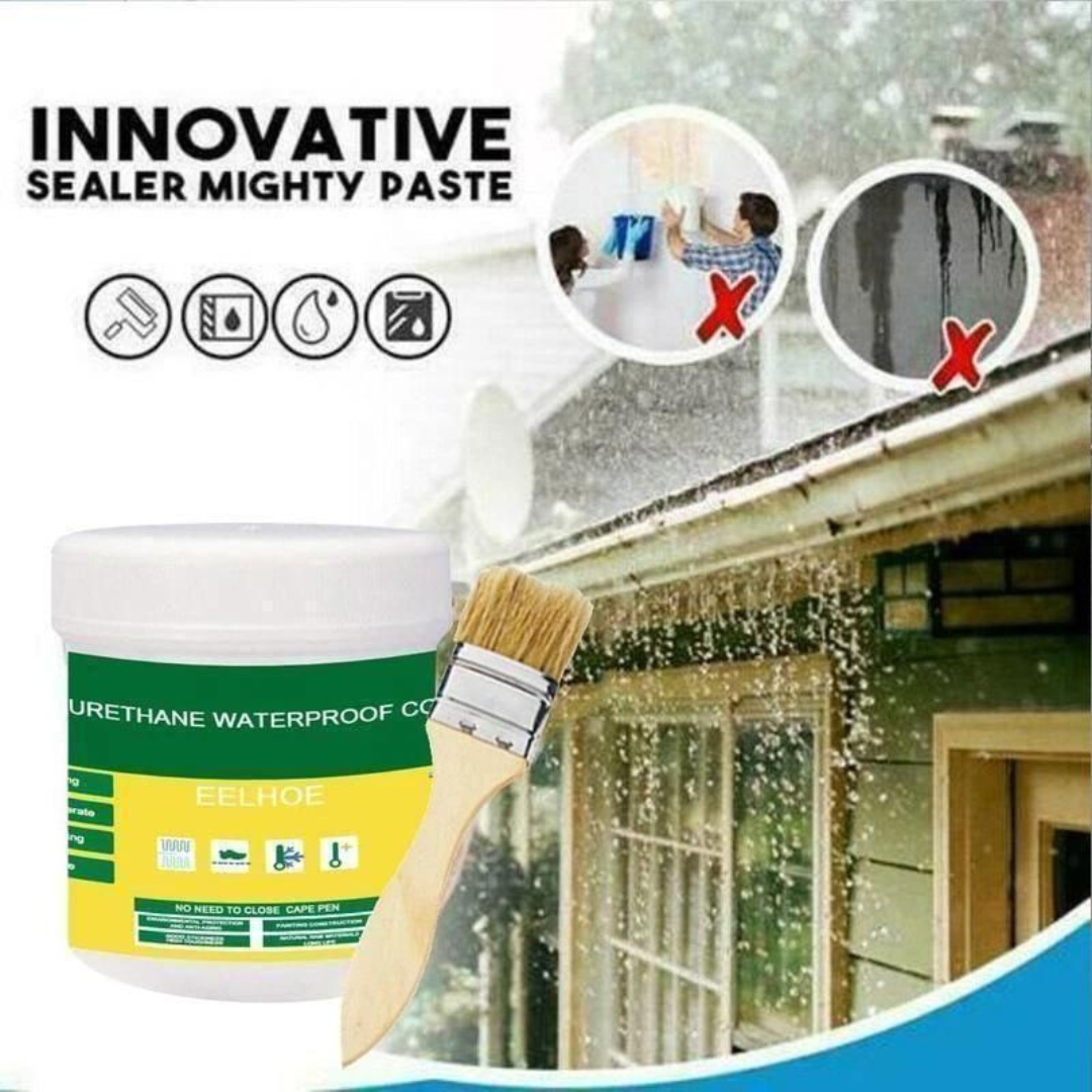 Container of urethane waterproof coating with a brush, shown on a roof with rainwater runoff.