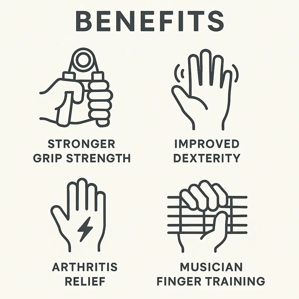 hand gripper showing grip strength rehabilitation stress relief icons