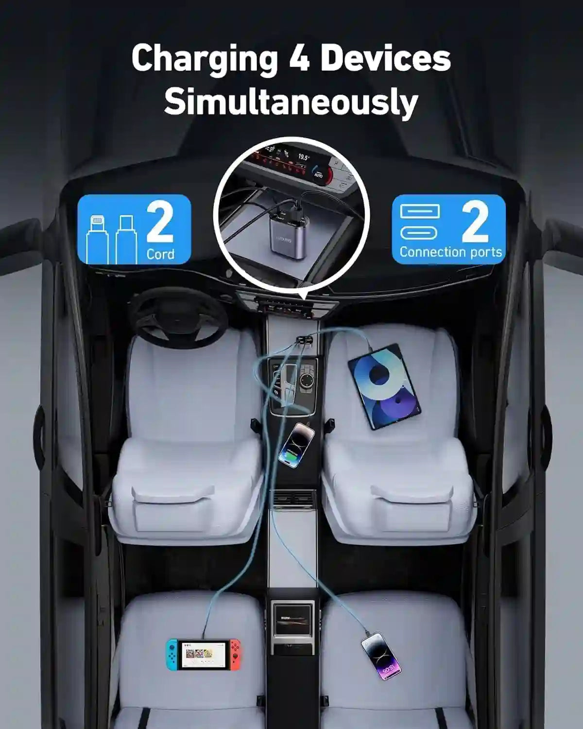 Car interior with multiple devices charging -  elev essentials