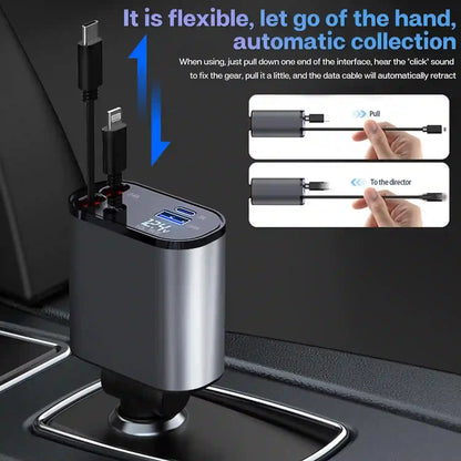 Car charger with USB ports and cable management system on a car dashboard.
