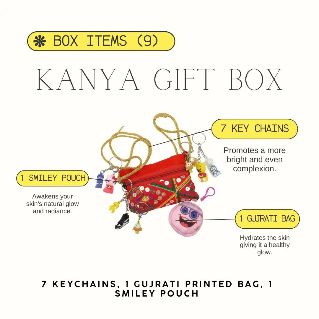 Kanya gift box with keychains, Gujrati printed bag, and smiley pouch on a white background