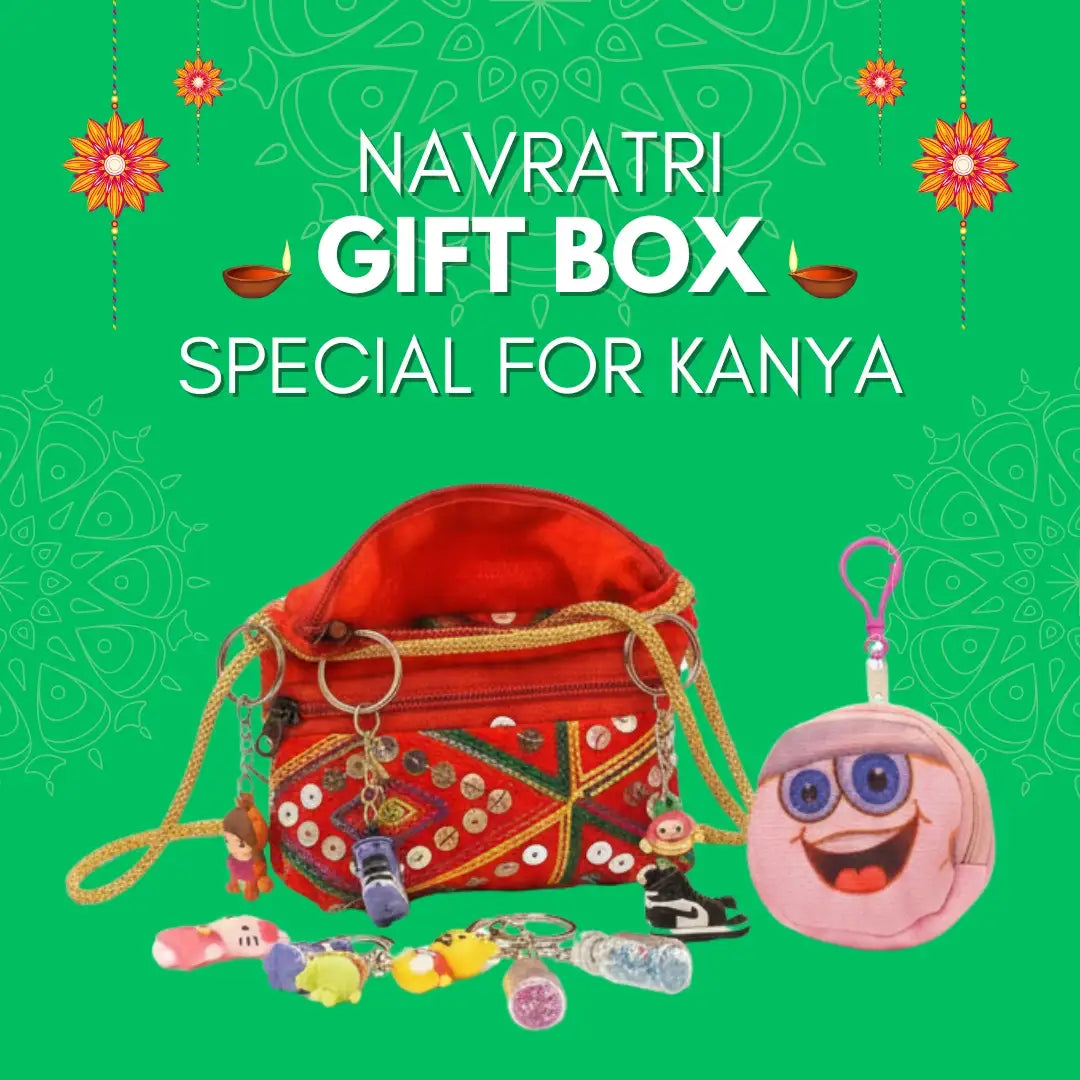 Navratri gift box special for Kanya with a red bag and colorful items on a green background