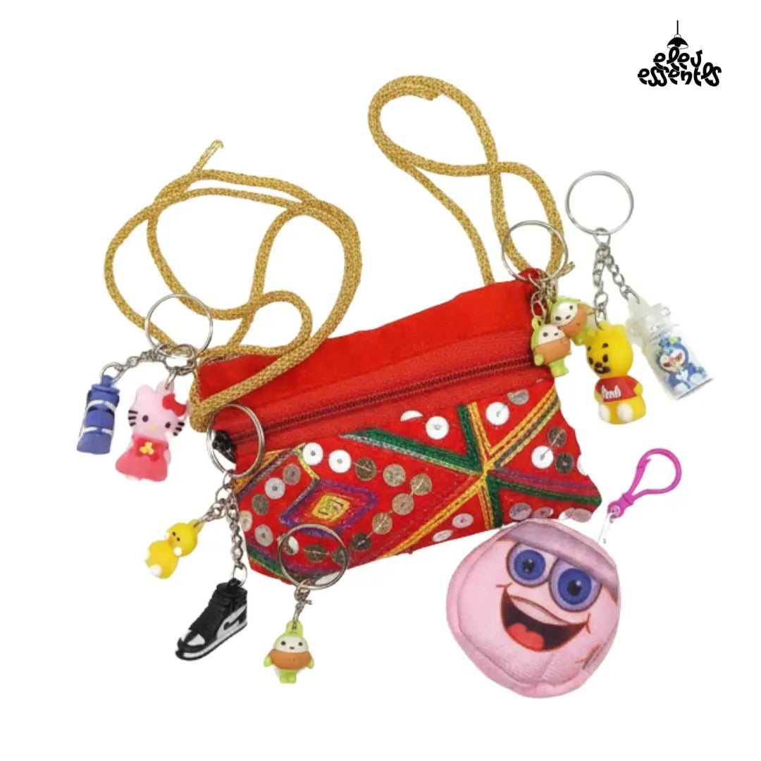 Navratri Hamper Colorful pouch with various charms and a keychain and Gujrati Bag