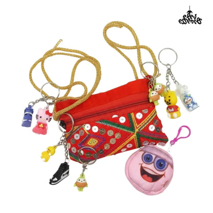 Navratri Hamper Colorful pouch with various charms and a keychain and Gujrati Bag