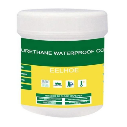 Jar of urethane waterproof coating with green and yellow label on a white background
