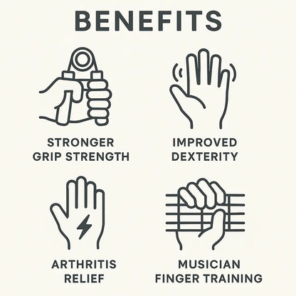 hand gripper showing grip strength rehabilitation stress relief icons